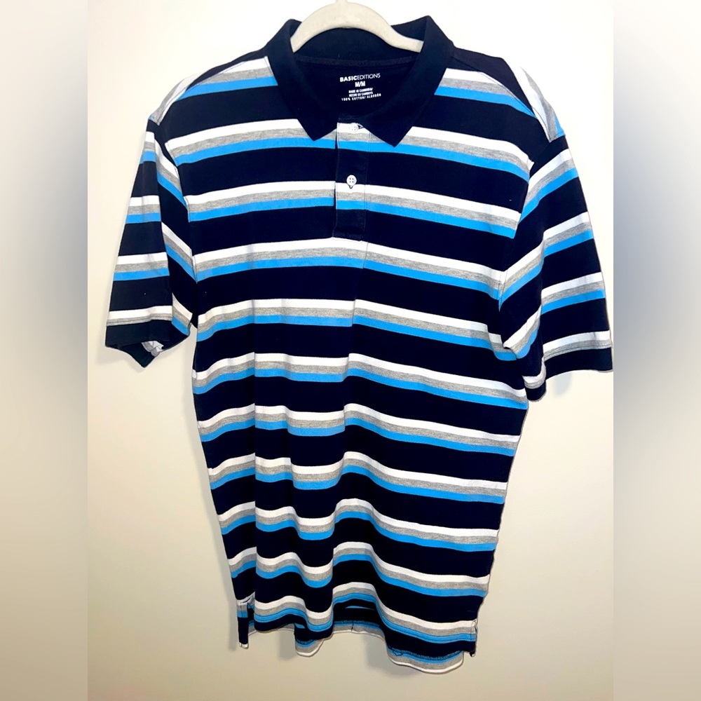 Basic Editions Men's Striped Polo Shirt - Blue and White